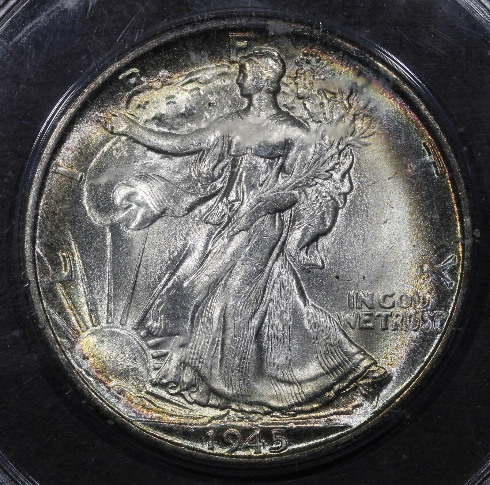 1945-S (MS64 CAC) Walking Liberty Half Dollar 50c PCGS OGH Rattler (toned)