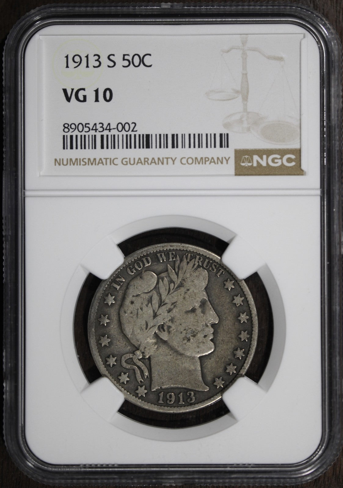1913-S (VG10) Barber Half Dollar 50C NGC