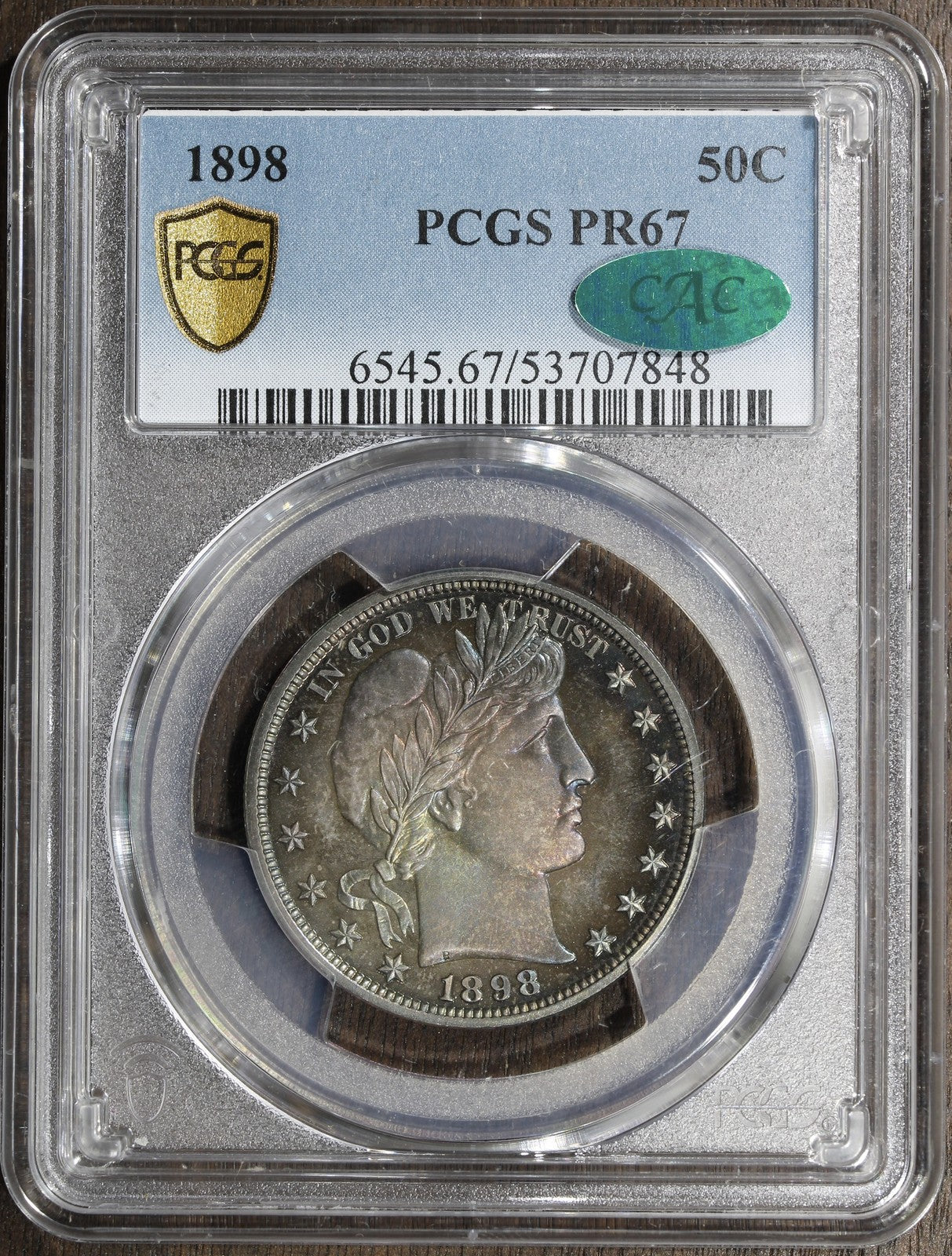 1898 (PR67 CAC) Proof Barber Half Dollar 50C PCGS - Colorful