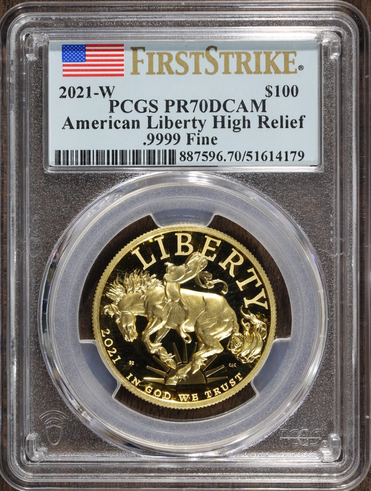 2021-W (PR70) 1 oz High Relief Proof Gold American Liberty $100 PCGS FS - Bronco