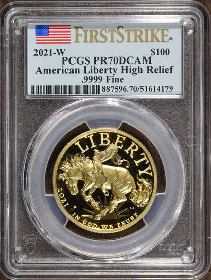 2021-W (PR70) 1 oz High Relief Proof Gold American Liberty $100 PCGS FS - Bronco