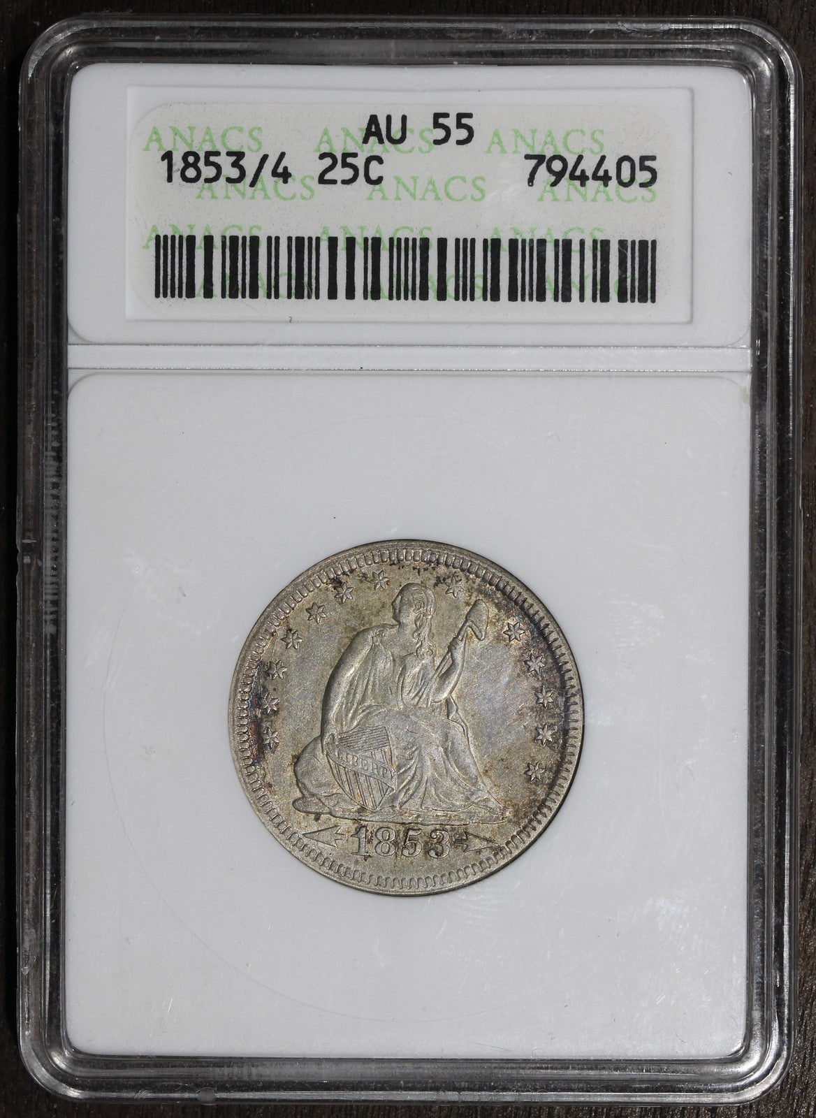 1853/4 (AU55) Seated Liberty Quarter with Arrows and Rays 25C ANACS Soapbox