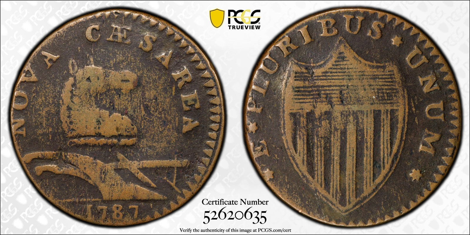 1787 (F15) New Jersey Copper Halfpenny 1/2P PCGS - Wide Ears Below Gap 32-T