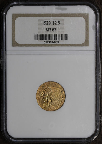 1929 (MS63) Indian Head Gold Quarter Eagle $2.50 NGC - Scarce Holder