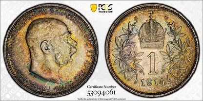 1914 (MS65) Austria Franz Joseph Silver 1 Corona PCGS - RAINBOW TONED GEM