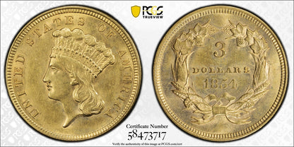 1854 (AU58) Indian Princess Three Dollar Gold Piece $3 PCGS - Beautiful