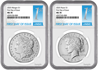 2025-P (MS70) Morgan & Peace Silver Dollar (2 Coin) First Day Of Issue FDOI NGC