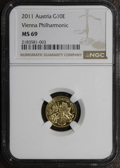 2011 (MS69) 1/10th oz Gold Austria Philharmonic 10E NGC