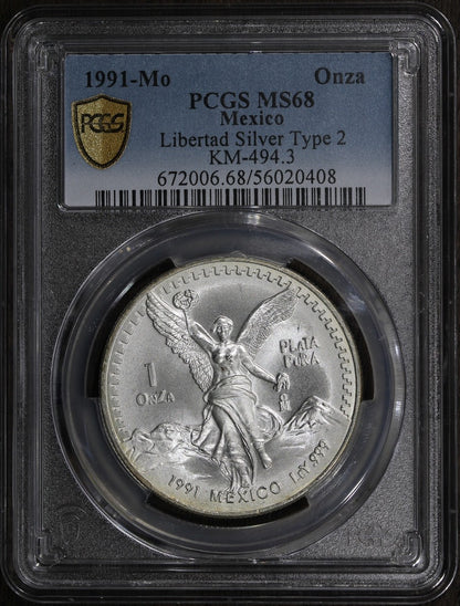 1991-Mo (MS68) Type 2 Mexico Libertad Silver Onza PCGS - Rare TYPE 2
