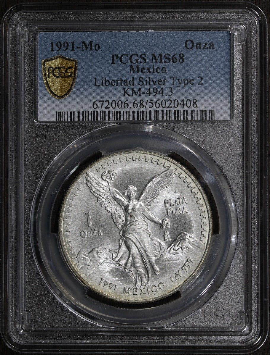1991-Mo (MS68) Type 2 Mexico Libertad Silver Onza PCGS - Rare TYPE 2