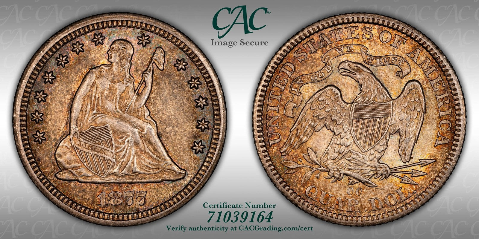 1877-CC (MS63 CAC) Seated Liberty Quarter 25C CACG - Carson City