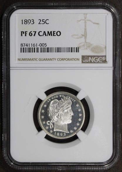 1893 (PF67 CAMEO) Proof Barber Quarter 25C NGC - Great Contrast