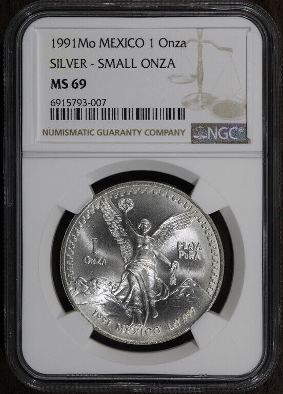 1991-Mo (MS69) Mexico 1 Onza NGC Silver Coin - Type 2 Small Onza