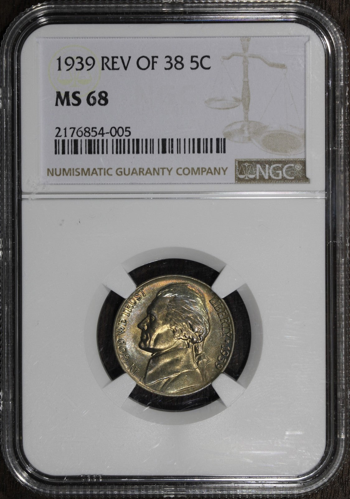 1939 (MS68) Jefferson Nickel 5C NGC - Reverse of 1938, Rainbow Toning