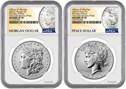 2025-S (PF70) Reverse Proof Morgan & Peace Silver Dollar (2 Coin Set) FDOI NGC