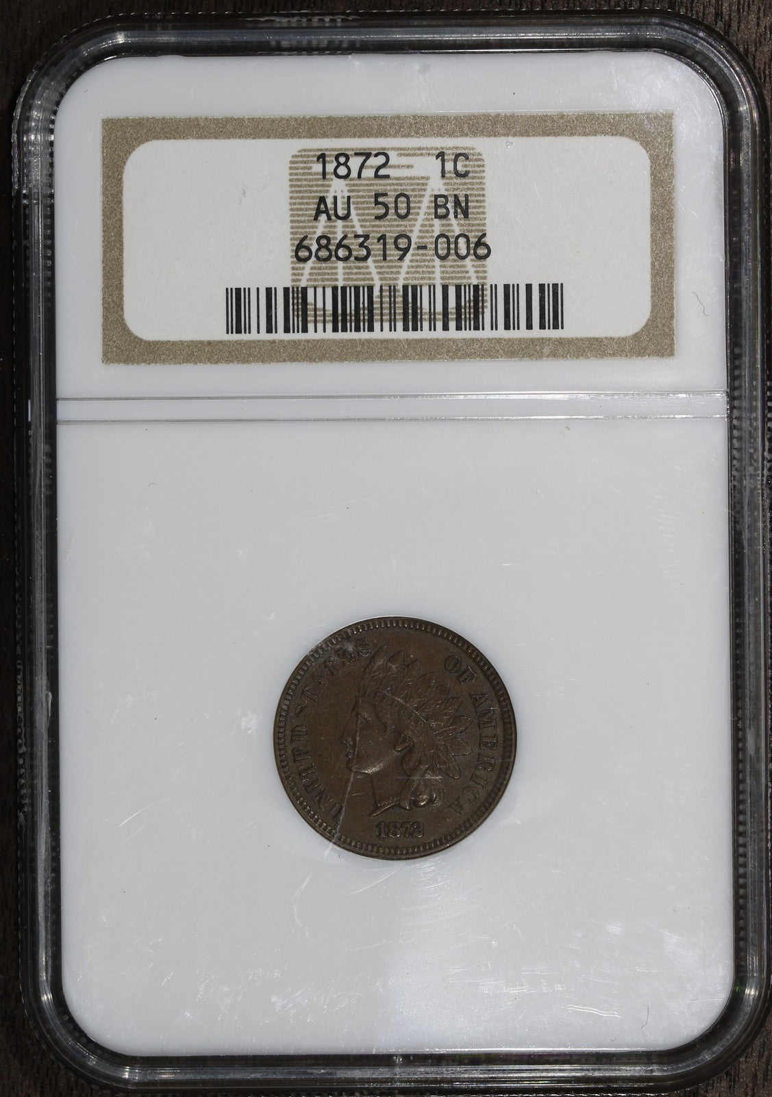 1872 (AU50 BN) Indian Head Cent 1C IHC NGC - Rare Date!