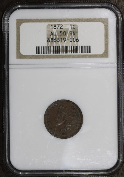 1872 (AU50 BN) Indian Head Cent 1C IHC NGC - Rare Date!