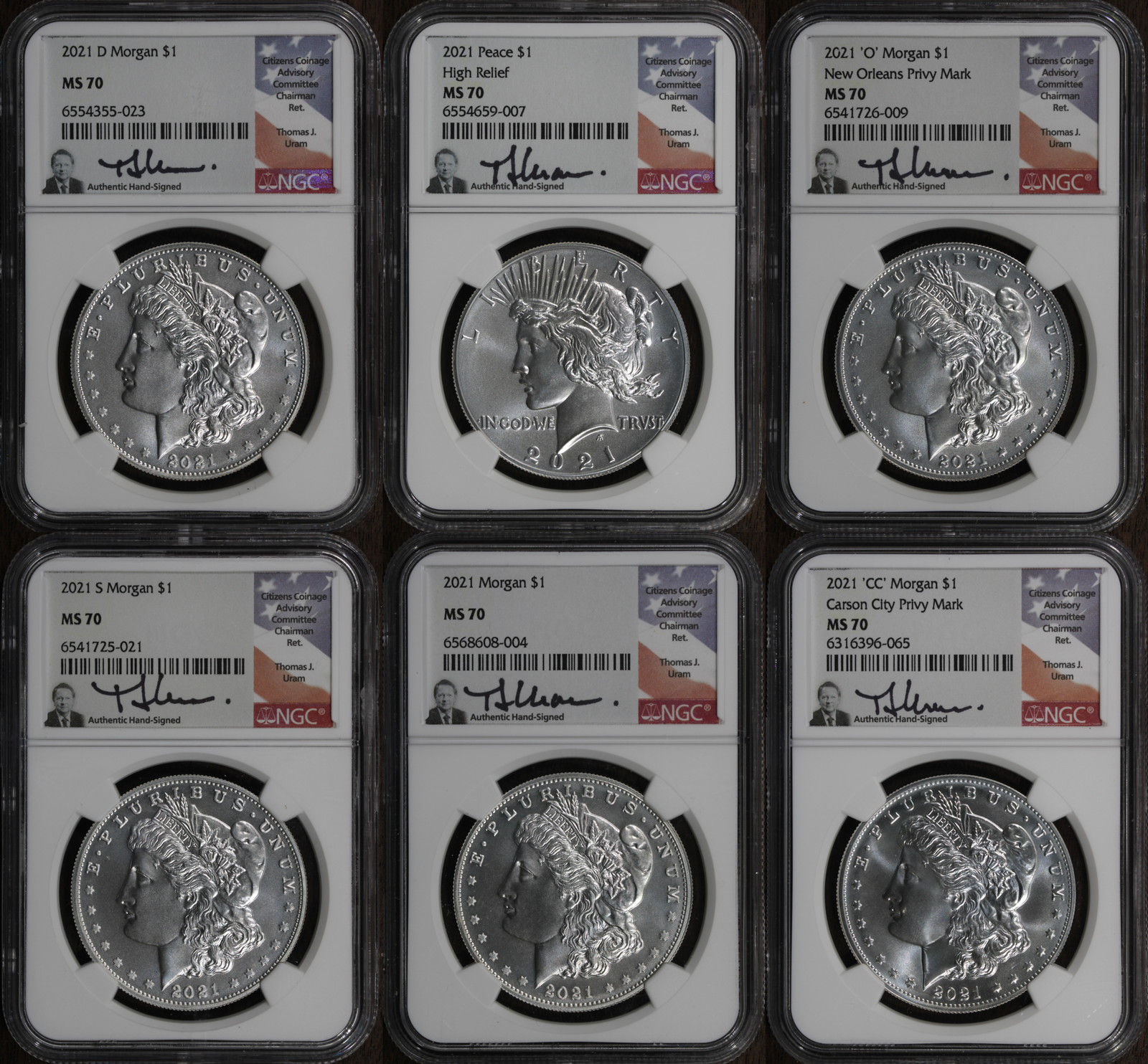 2021 (MS70) 6 Coin Morgan & Peace Dollar Set (P,D,O,S,CC) $1 NGC - Urum Signed