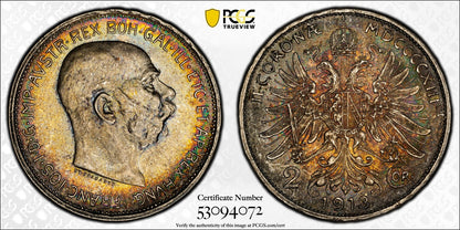 1913 (MS65+) Austria Franz Joseph Silver 2 Corona PCGS - Rainbow Top Pop