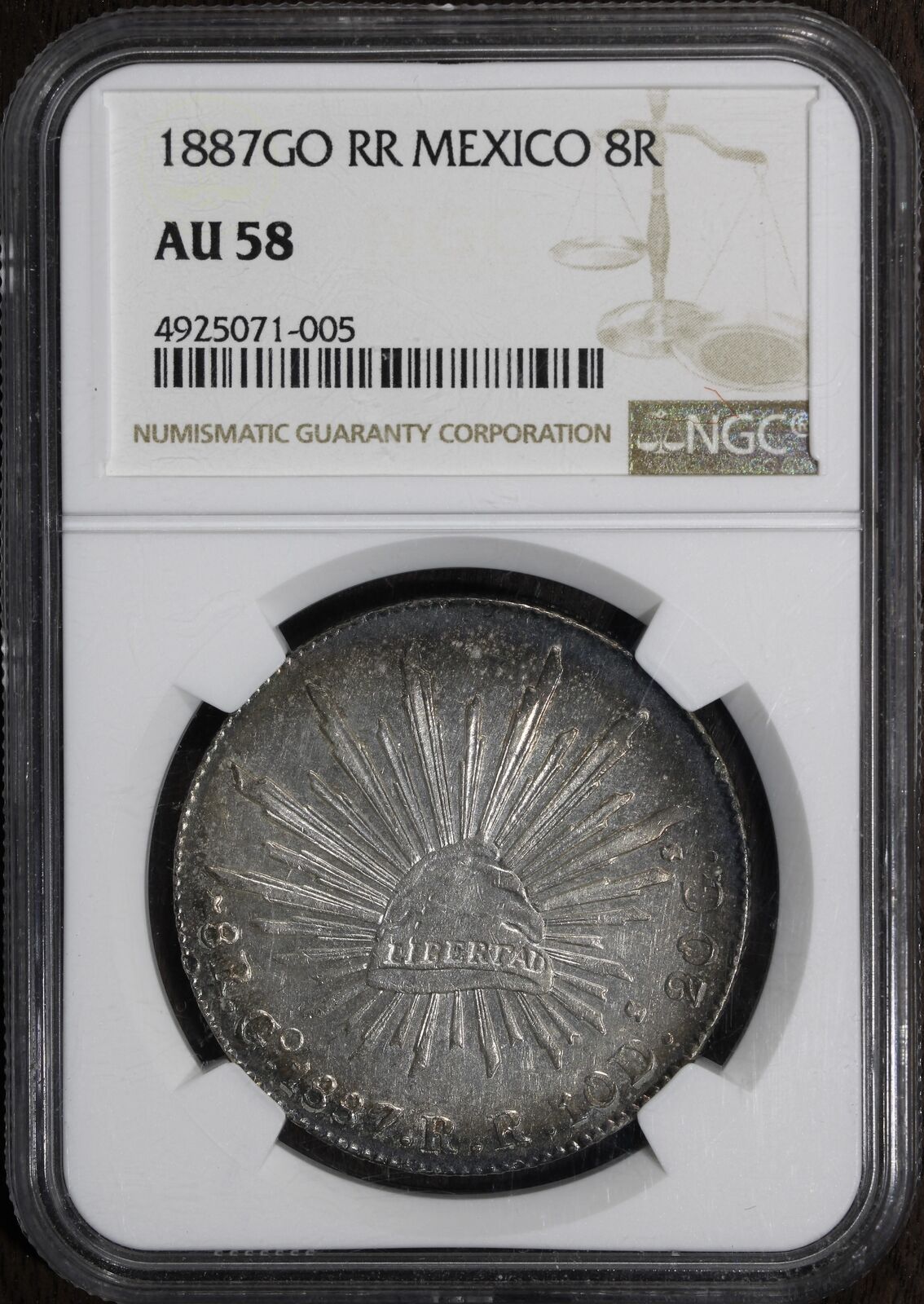 1887 Go RR (AU58) Mexico Cap & Rays 8 Reales NGC - Beautiful Rainbow Rim Tone