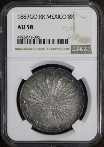 1887 Go RR (AU58) Mexico Cap & Rays 8 Reales NGC - Beautiful Rainbow Rim Tone