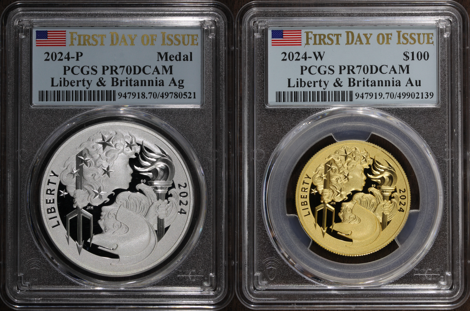 2024-P and 2024-W (PR70) 2 Coin Gold and Silver Liberty Britannia Set $100 PCGS