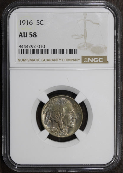 1916 (AU58) Buffalo Nickel 5C NGC - Early Date, Nice Color