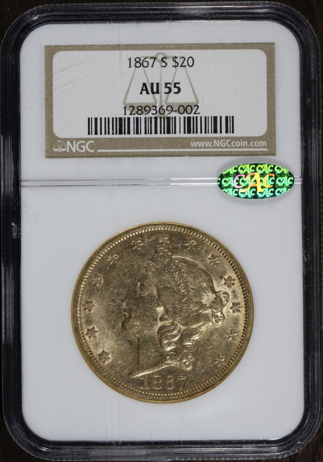 1867-S (AU55 CAC) Liberty Head Gold Double Eagle $20 NGC - Better Date (Type 2)