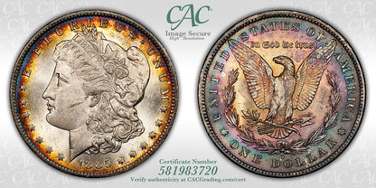 1885-O (MS63) Morgan Silver Dollar $1 CACG - Rainbow Toned!