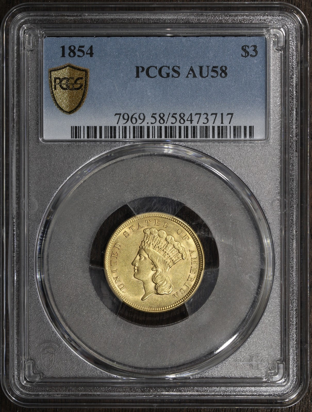 1854 (AU58) Indian Princess Three Dollar Gold Piece $3 PCGS - Beautiful