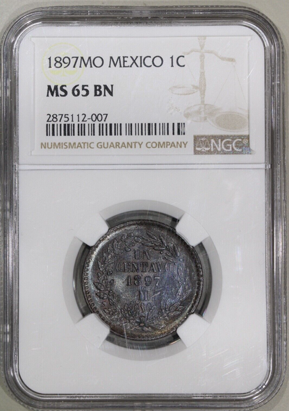 1897-Mo Mexico Un 1 Centavo NGC MS 65 BN Toned Copper Coin