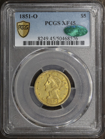 1851-O (XF45 CAC) Liberty Head Gold Half Eagle $5 PCGS