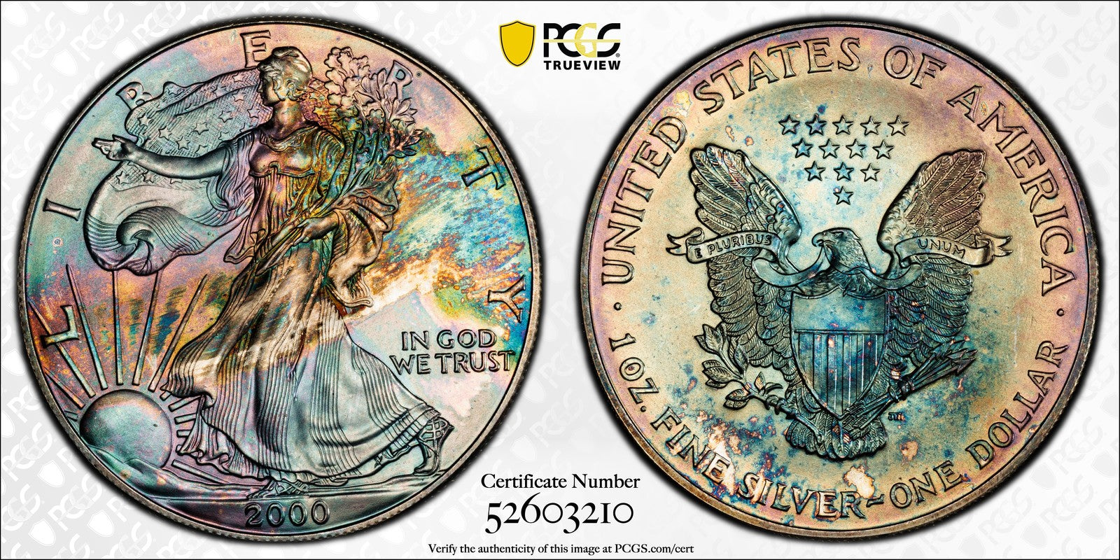 2000 (MS67) Rainbow Toned American Silver Eagle $1 ASE PCGS