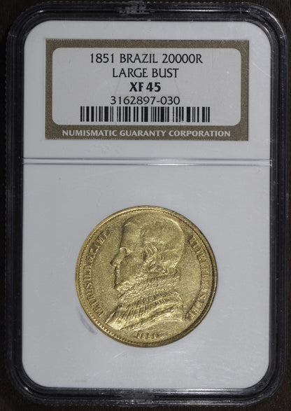 1851 (XF45) Brazil Gold 20000 Reis 20000R NGC - Large Bust