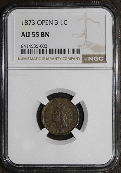 1873 (AU55 BN) Indian Head Cent 1C IHC NGC - Open 3