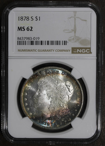 1879-S (MS62) Morgan Silver Dollar $1 PCGS - Rainbow Toned, Holder Error
