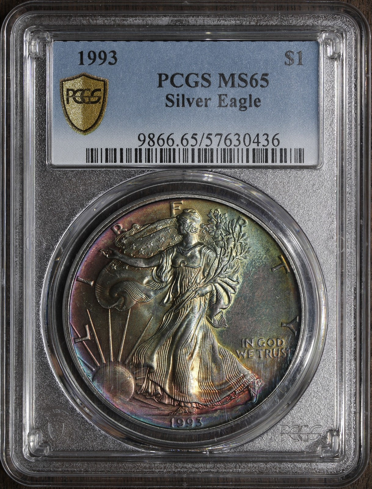 1993 (MS65) Rainbow Toned American Silver Eagle $1 ASE PCGS