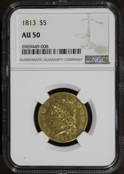 1813 (AU50) Capped Bust Gold Half Eagle $5 NGC - Beautiful Early Gold - Fat Head