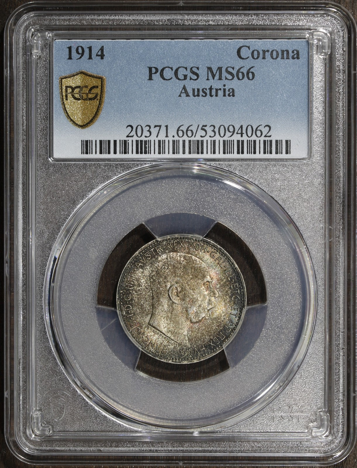1914 (MS66) Austria Franz Joseph Silver 1 Corona PCGS - Rainbow Toned Top Pop