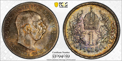 1914 (MS65) Austria Franz Joseph Silver 1 Corona PCGS - Rainbow Toned GEM