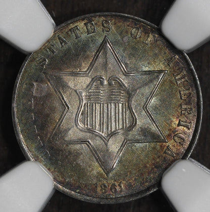 1861 (MS64) Three Cent Silver Trime 3CS NGC - Colorful Tone