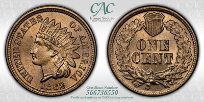 1862 (MS65 CAC) Indian Head Cent 1C CACG - GEM IHC