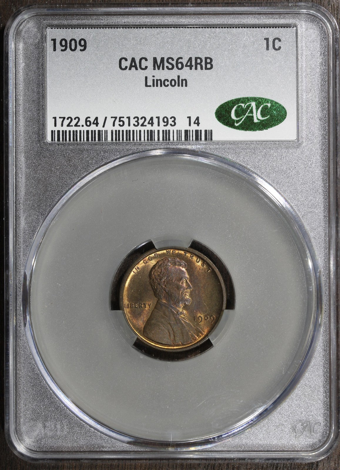 1909 (MS64RB CAC) Lincoln Wheat Cent 1C CACG - First Year
