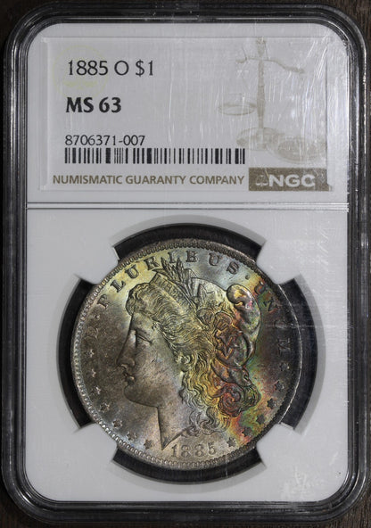 1885-O (MS63) Morgan Silver Dollar $1 NGC - Rainbow Toned