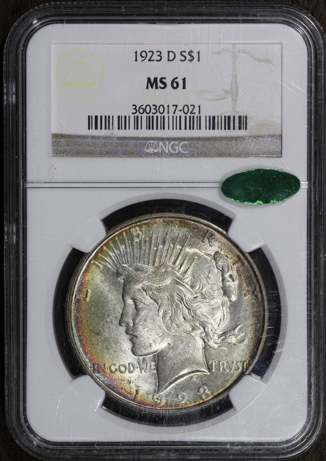 1923-D (MS61 CAC) Peace Silver Dollar $1 NGC Rainbow Toned - Colorful