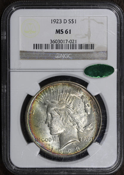 1923-D (MS61 CAC) Peace Silver Dollar $1 NGC Rainbow Toned - Colorful