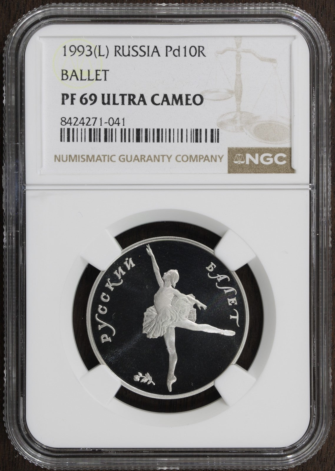 1993-L (PF69) Russia 1/2 oz Proof Palladium 10 Rouble Pd10R NGC - Ballet
