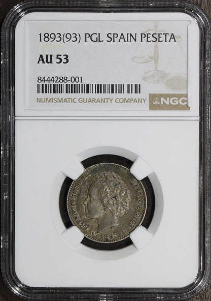 1893 PGL (AU53) Spain 1 Peseta NGC - Rare Two Year Type