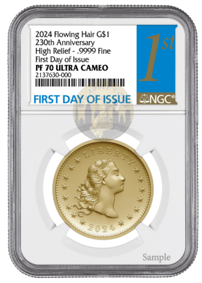 2024 (PR70) Flowing Hair $1 Gold Coin-230 Anniversary-First Day Issue FDOI NGC