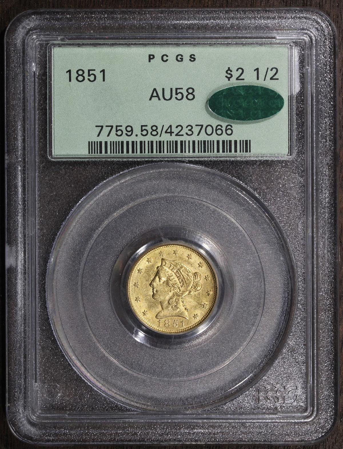 1851 (AU58 CAC) Liberty Head Gold Quarter Eagle $2.50 PCGS OGH